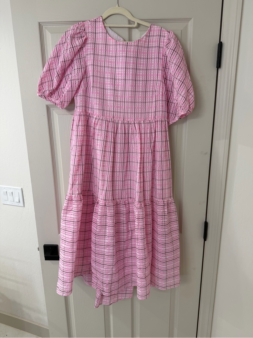 English Factory Pink Plaid Tiered Puff-Sleeve Dress